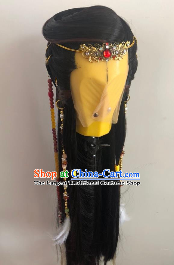 Handmade China Cosplay Swordsman King Wigs and Hair Accessories Traditional Puppet Show Royal Prince Headdress Ancient Knight Hairpieces