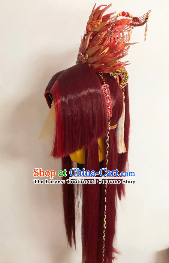 Handmade China Ancient Knight Hairpieces Cosplay Swordsman Red Wigs and Hair Accessories Traditional Puppet Show King Headdress