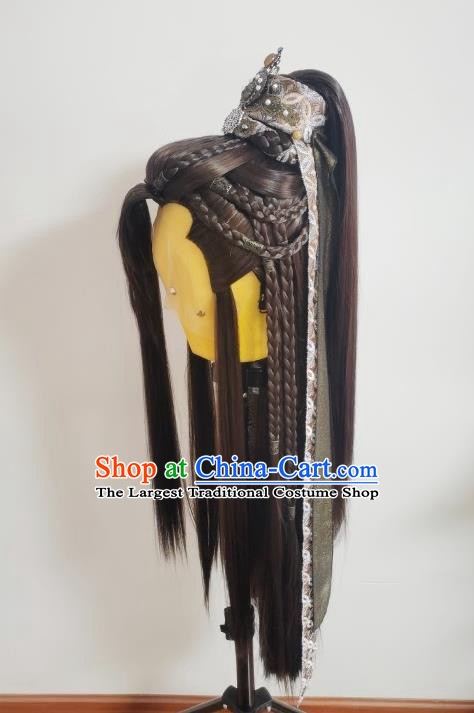 Handmade China Traditional Puppet Show Knight Qi Hanyu Headdress Ancient Prince Hairpieces Cosplay Swordsman Brown Wigs and Hair Crown