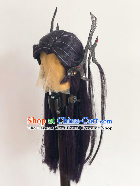 Handmade China Cosplay Swordsman Purple Wigs and Hair Crown Traditional Puppet Show Knight Ying Huo Headdress Ancient Dragon Prince Hairpieces