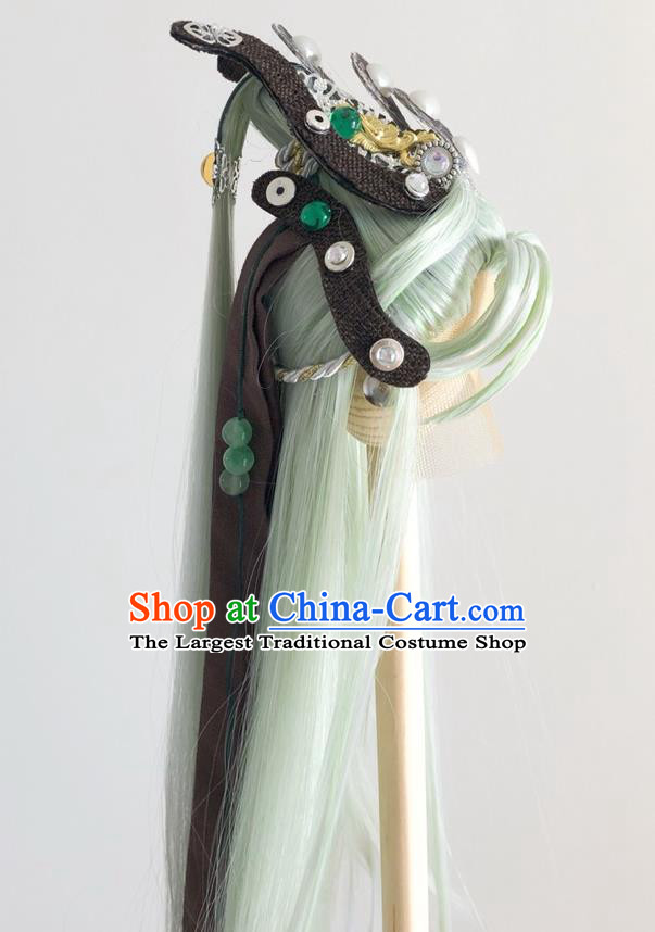Handmade China Cosplay Noble Prince Green Wigs and Hair Crown Traditional Puppet Show Swordsman Mo Cangli Headdress Ancient Young Knight Hairpieces