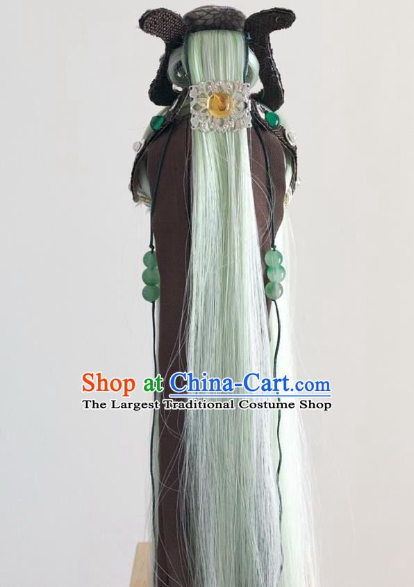 Handmade China Cosplay Noble Prince Green Wigs and Hair Crown Traditional Puppet Show Swordsman Mo Cangli Headdress Ancient Young Knight Hairpieces