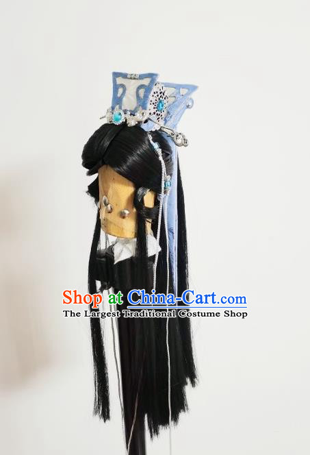 Handmade China Cosplay Young Knight Black Wigs and Hair Crown Traditional Puppet Show Yu Xiaoyao Headdress Ancient Swordsman Hairpieces
