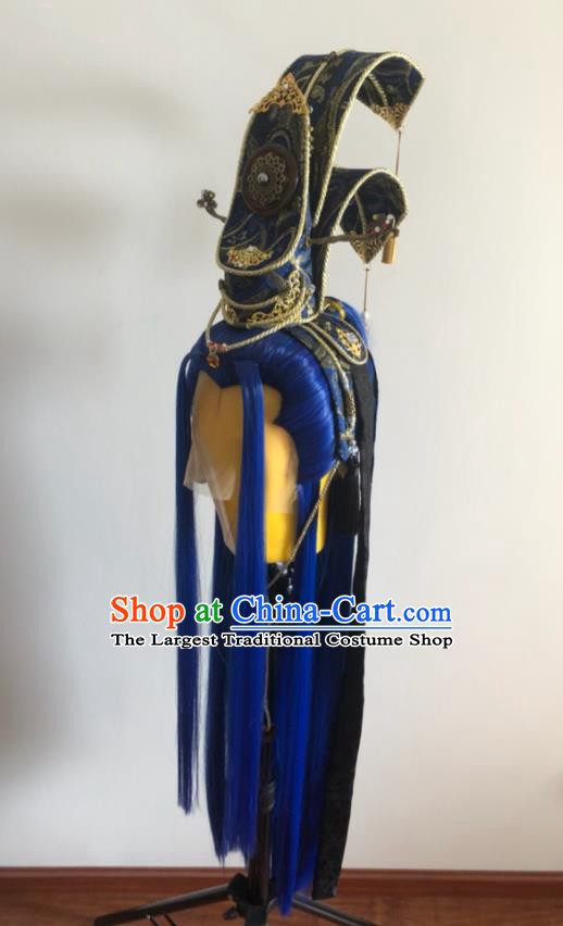 Handmade China Traditional Puppet Show Yue Jiaozi Hairpieces Ancient Swordsman Headdress Cosplay King Royalblue Wigs and Hair Crown