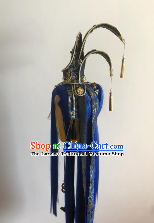 Handmade China Traditional Puppet Show Yue Jiaozi Hairpieces Ancient Swordsman Headdress Cosplay King Royalblue Wigs and Hair Crown