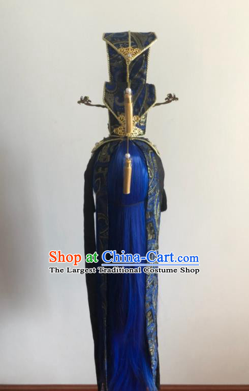 Handmade China Traditional Puppet Show Yue Jiaozi Hairpieces Ancient Swordsman Headdress Cosplay King Royalblue Wigs and Hair Crown