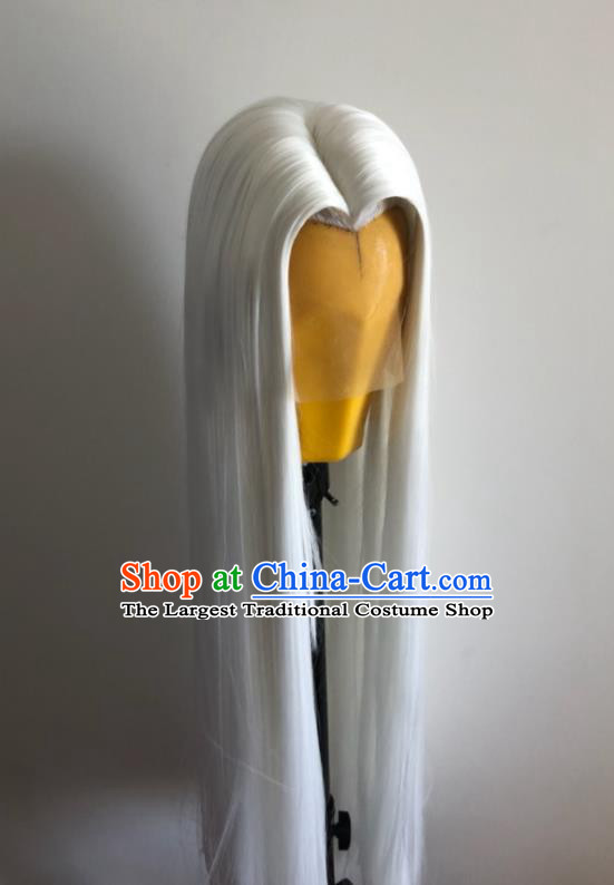 Handmade China Cosplay Heaven King White Wigs Traditional Puppet Show Taoist Hairpieces Ancient Swordsman Headdress