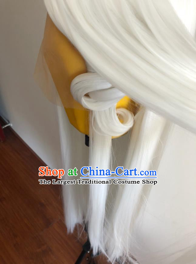 Handmade China Cosplay Heaven King White Wigs Traditional Puppet Show Taoist Hairpieces Ancient Swordsman Headdress