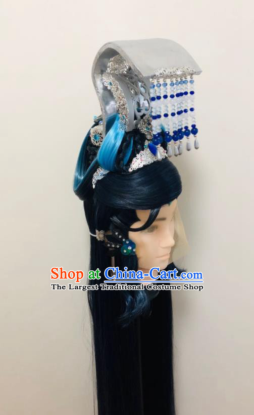 Handmade China Traditional Puppet Show Ao Qiansui Hairpieces Ancient Swordsman Headdress Cosplay Dragon King Wigs and Hair Crown