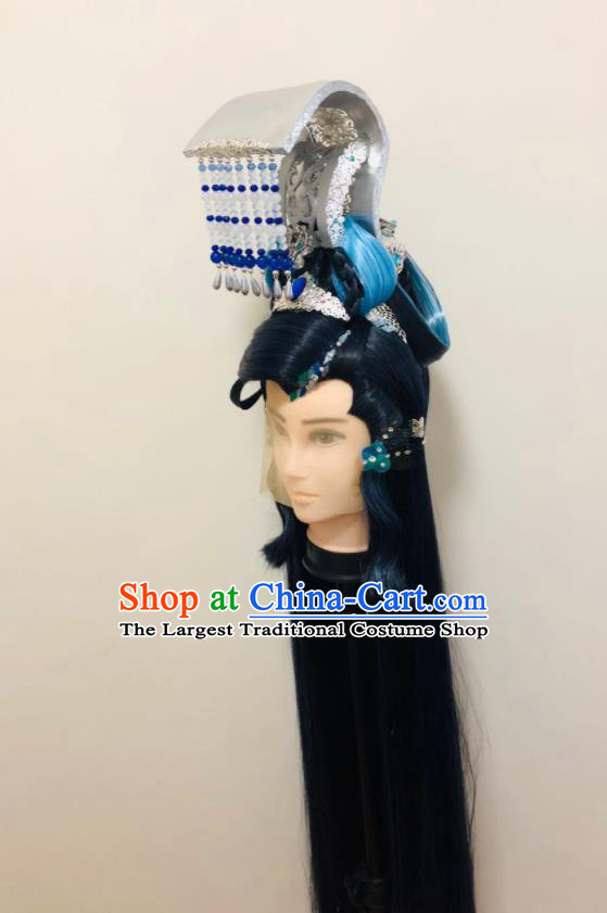 Handmade China Traditional Puppet Show Ao Qiansui Hairpieces Ancient Swordsman Headdress Cosplay Dragon King Wigs and Hair Crown