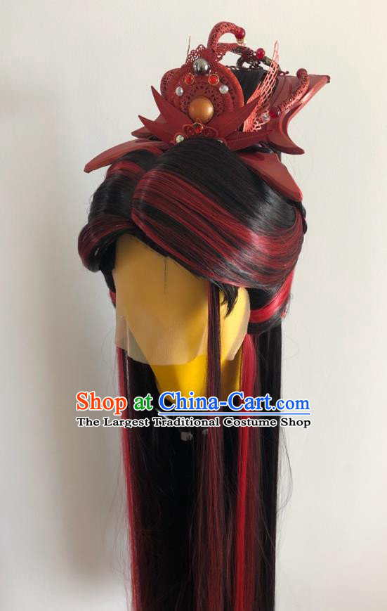 Handmade China Cosplay Young Man Brown Wigs and Hair Crown Traditional Puppet Show Yan King Headdress Ancient Swordsman Hairpieces