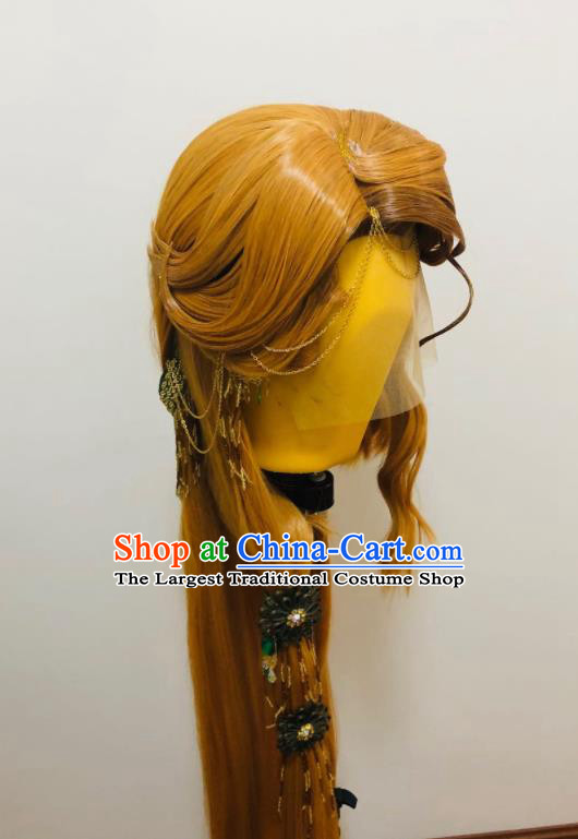 Handmade China Ancient Young Knight Headdress Cosplay Chivalrous Male Golden Wigs and Hair Crown Traditional Puppet Show Swordsman Hairpieces