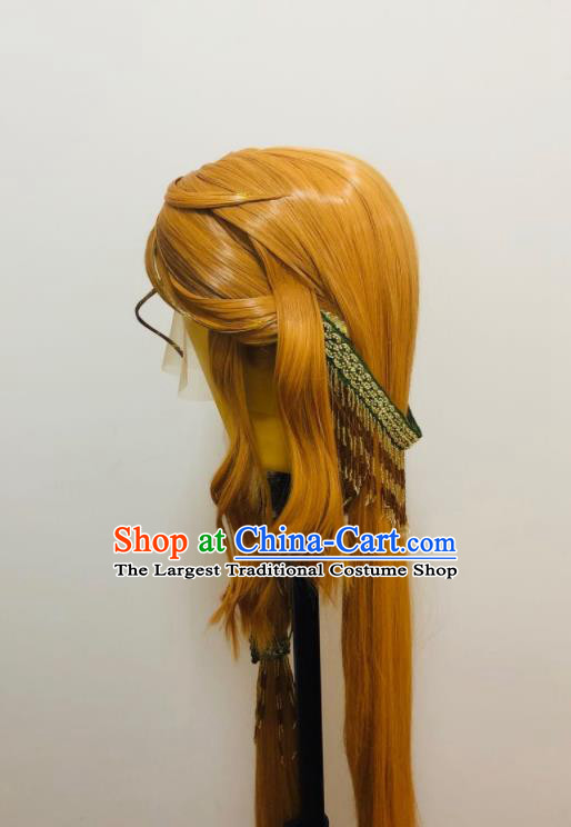 Handmade China Ancient Young Knight Headdress Cosplay Chivalrous Male Golden Wigs and Hair Crown Traditional Puppet Show Swordsman Hairpieces
