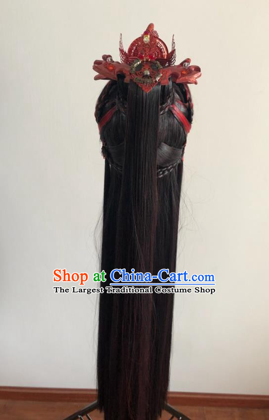 Handmade China Cosplay Young Man Brown Wigs and Hair Crown Traditional Puppet Show Yan King Headdress Ancient Swordsman Hairpieces
