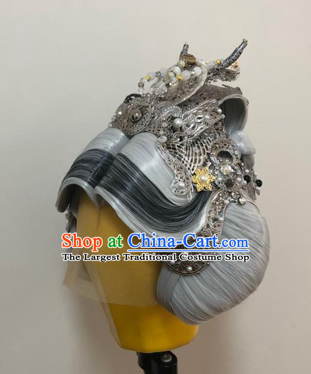Chinese Cosplay Queen Mother Grey Wigs and Hair Crown Hairpieces Ancient Elderly Swordswoman Headdress Traditional Puppet Show Hair Accessories