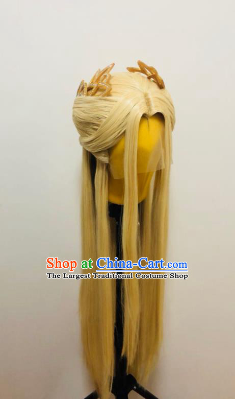 Chinese Traditional Puppet Show Hair Accessories Cosplay Moon Goddess Golden Wigs and Hair Crown Hairpieces Ancient Swordswoman Headdress