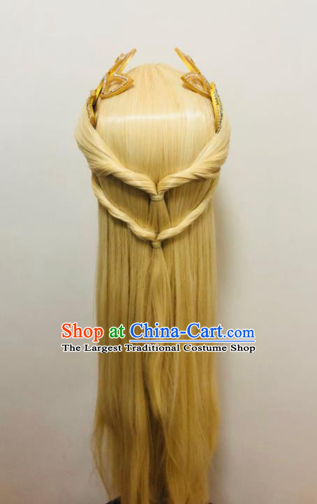 Chinese Traditional Puppet Show Hair Accessories Cosplay Moon Goddess Golden Wigs and Hair Crown Hairpieces Ancient Swordswoman Headdress