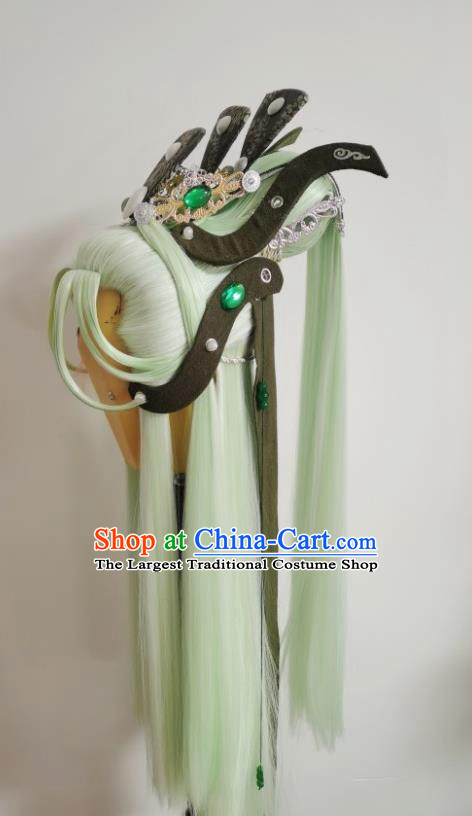 Handmade China Cosplay Taoist Priest Green Wigs and Hair Crown Traditional Puppet Show Mo Cangli Hairpieces Ancient Royal Prince Headdress
