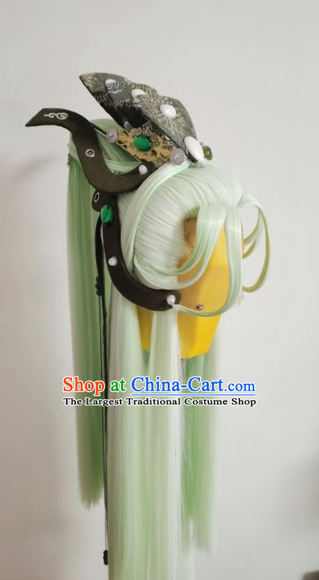 Handmade China Cosplay Taoist Priest Green Wigs and Hair Crown Traditional Puppet Show Mo Cangli Hairpieces Ancient Royal Prince Headdress