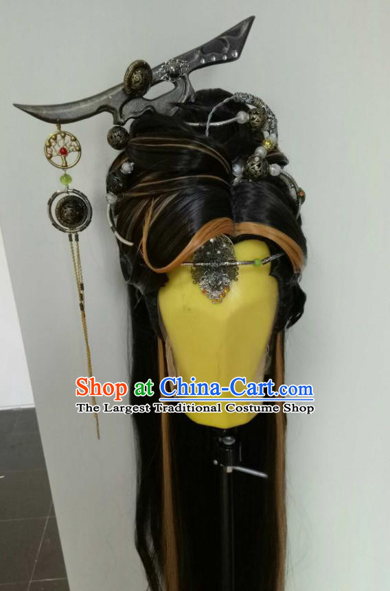 Handmade China Ancient Royal Childe Headdress Cosplay Chivalrous Knight Wigs and Hair Crown Traditional Puppet Show Swordsman Hairpieces