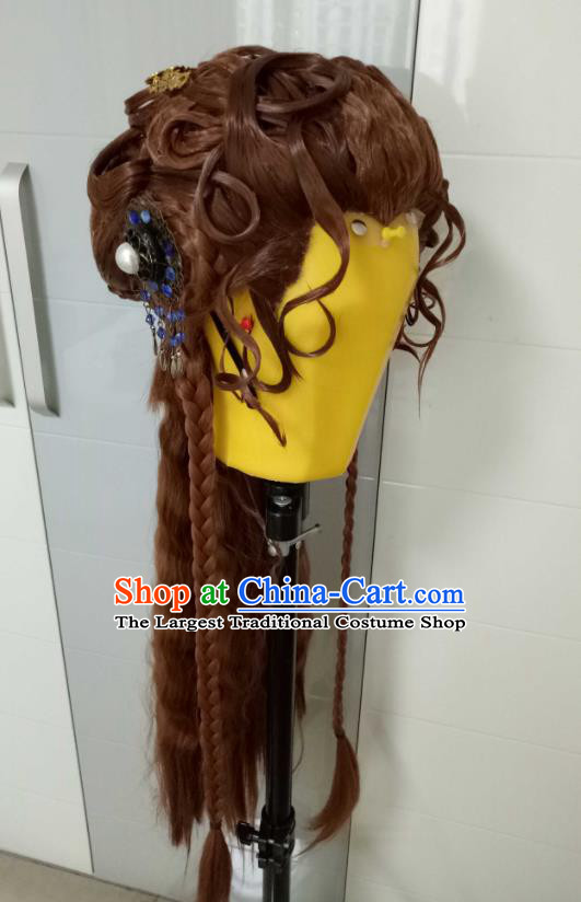 Chinese Cosplay Queen Brown Wigs Chignon and Hairpieces Ancient Imperial Concubine Headdress Traditional Puppet Show Young Beauty Hair Accessories