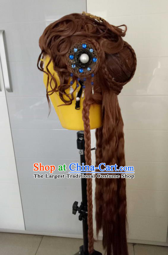 Chinese Cosplay Queen Brown Wigs Chignon and Hairpieces Ancient Imperial Concubine Headdress Traditional Puppet Show Young Beauty Hair Accessories
