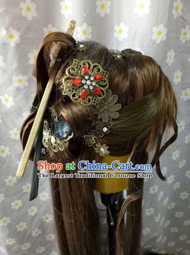 Chinese Traditional Puppet Show Cui Luohan Hair Accessories Cosplay Young Woman Brown Wigs Chignon and Hairpins Ancient Female Swordsman Headdress
