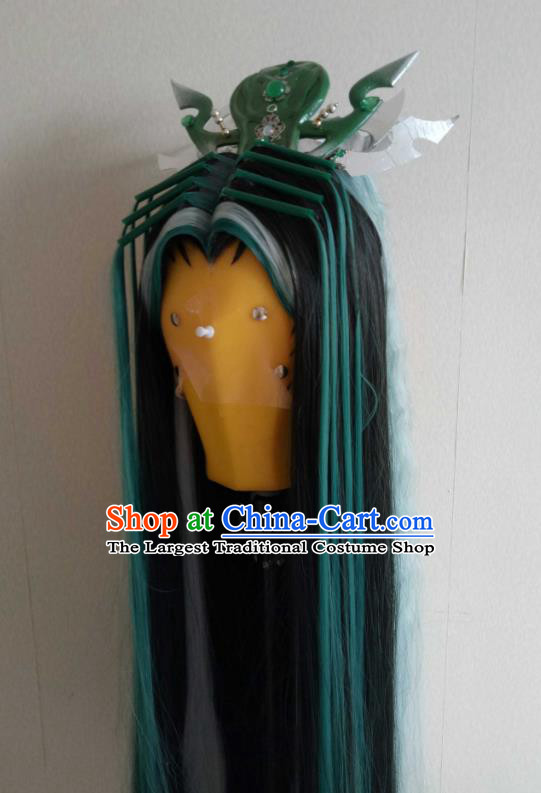 Handmade China Cosplay Dragon Prince Green Curly Wigs and Hair Crown Traditional Puppet Show Hairpieces Ancient Young Swordsman Headdress