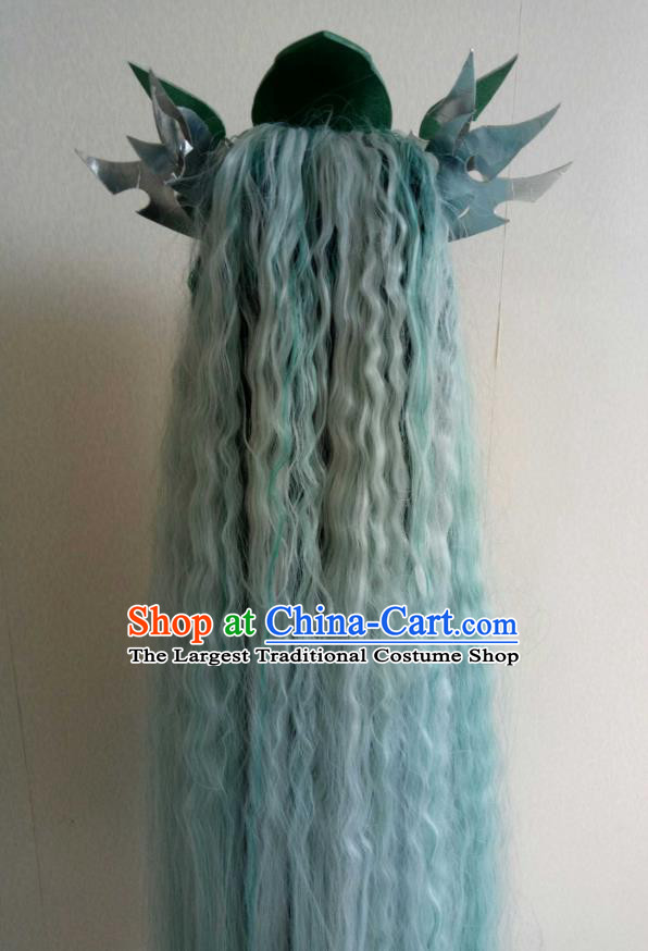 Handmade China Cosplay Dragon Prince Green Curly Wigs and Hair Crown Traditional Puppet Show Hairpieces Ancient Young Swordsman Headdress