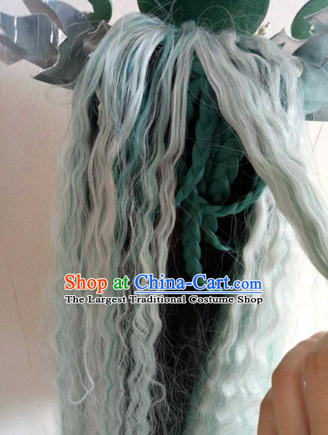 Handmade China Cosplay Dragon Prince Green Curly Wigs and Hair Crown Traditional Puppet Show Hairpieces Ancient Young Swordsman Headdress