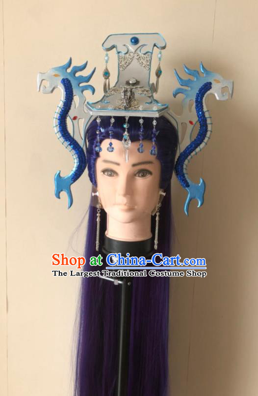 Handmade China Traditional Puppet Show Swordsman Xuan Bin Hairpieces Ancient General Headdress Cosplay Dragon Prince Purple Wigs and Hair Crown