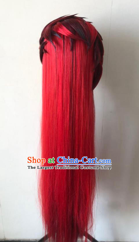 Handmade China Cosplay Young Knight Red Wigs Traditional Puppet Show Wang Shier Hairpieces Ancient Chivalrous Swordsman Headdress