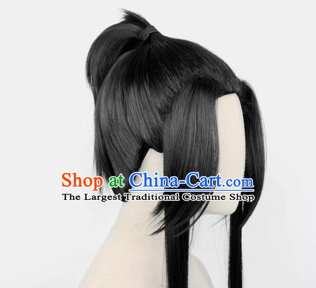 Handmade China Cosplay Young Knight Black Ponytsil Wigs Traditional Qin Dynasty Young Man Hairpieces Ancient Swordsman Headdress