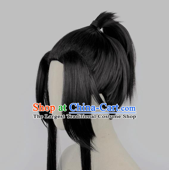 Handmade China Cosplay Young Knight Black Ponytsil Wigs Traditional Qin Dynasty Young Man Hairpieces Ancient Swordsman Headdress