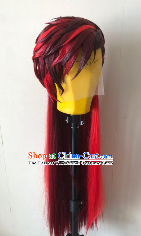 Handmade China Cosplay Young Knight Red Wigs Traditional Puppet Show Wang Shier Hairpieces Ancient Chivalrous Swordsman Headdress