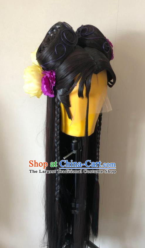 Chinese Cosplay Fairy Black Wigs Chignon and Hairpieces Ancient Young Lady Headdress Traditional Puppet Show Swordswoman Fu Yueying Hair Accessories