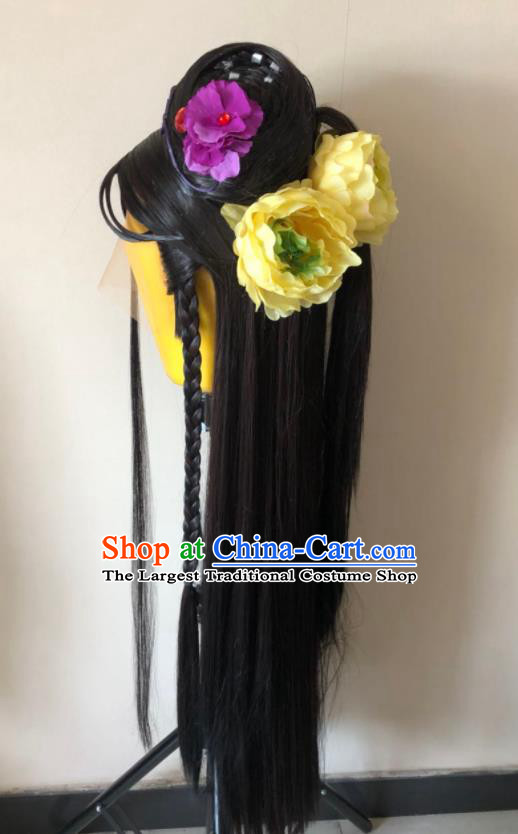 Chinese Cosplay Fairy Black Wigs Chignon and Hairpieces Ancient Young Lady Headdress Traditional Puppet Show Swordswoman Fu Yueying Hair Accessories