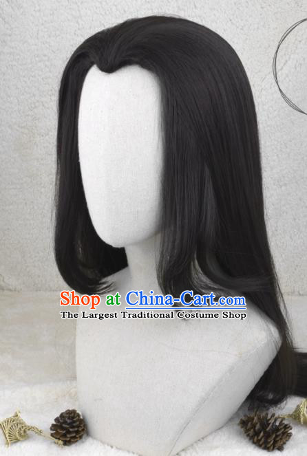 Handmade China Cosplay Swordsman Black Long Wigs Traditional Hanfu Young Childe Hairpieces Ancient Hero Headdress