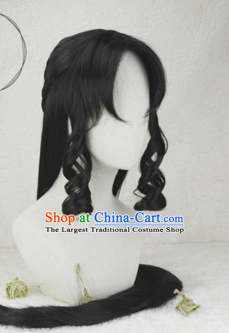 Chinese Ancient Young Lady Black Curly Wigs Headwear Traditional Court Beauty Hairpieces Cosplay Fairy Hair Accessories