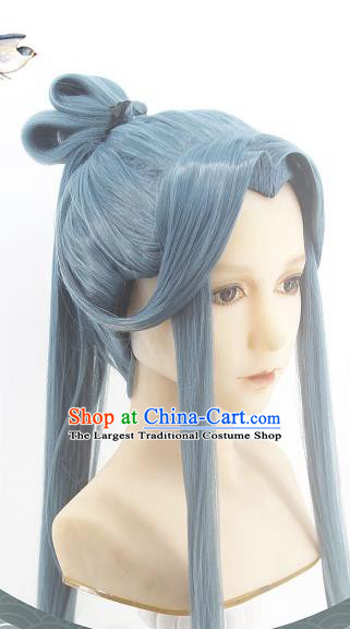 Handmade China Cosplay Swordsman Blue Wigs Traditional Heaven Official Blessing Hairpieces Ancient Hanfu Young Knight Headdress