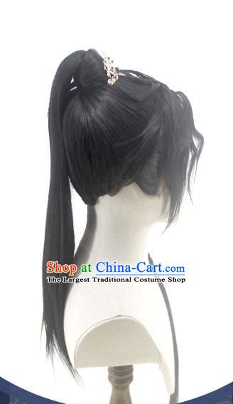 Handmade China Traditional Hanfu Knight Xiao Cean Hairpieces Ancient Young Swordsman Headdress Cosplay Royal Childe Black Curly Wigs