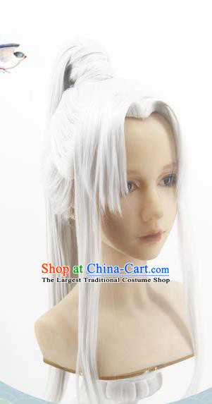 Handmade China Cosplay Demon King White Wigs Traditional Hanfu Swordsman Zhu Yeli Hairpieces Ancient Taoist Priest Headdress
