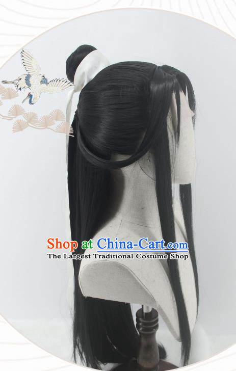 Handmade China Traditional Heaven Official Blessing Xie Lian Hairpieces Ancient Hanfu Taoist Priest Headdress Cosplay Swordsman Black Wigs