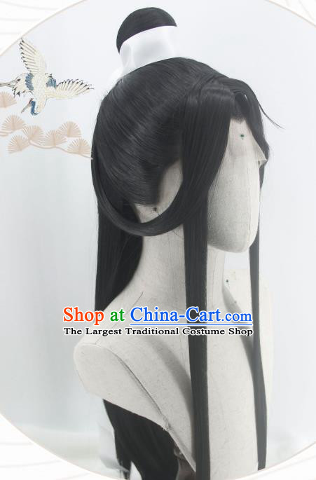 Handmade China Traditional Heaven Official Blessing Xie Lian Hairpieces Ancient Hanfu Taoist Priest Headdress Cosplay Swordsman Black Wigs
