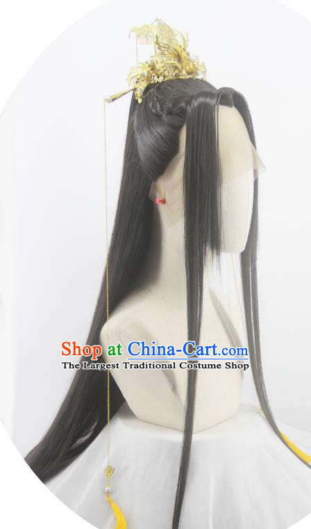 Handmade China Ancient Hanfu Crown Prince Headdress Cosplay Swordsman Black Wigs Traditional Heaven Official Blessing Xie Lian Hairpieces
