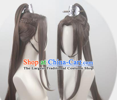 Handmade China Traditional Jin Dynasty Childe Hairpieces Ancient Swordsman Headdress Cosplay Young Knight Brown Wigs