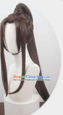 Handmade China Traditional Jin Dynasty Childe Hairpieces Ancient Swordsman Headdress Cosplay Young Knight Brown Wigs