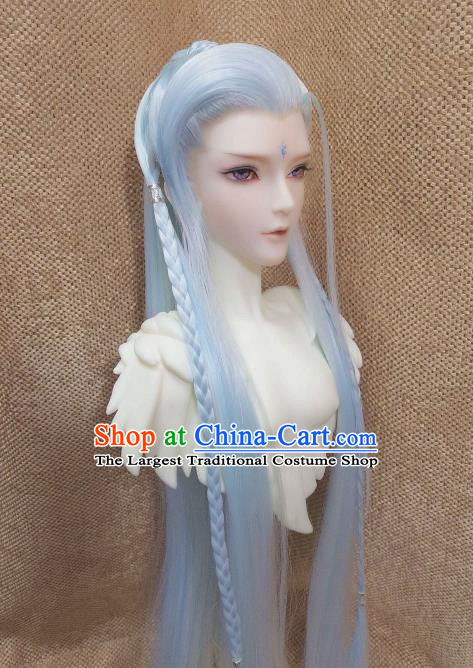 Handmade China Cosplay Dragon Prince Blue Wigs Traditional Young Childe Hairpieces Ancient Swordsman Headdress