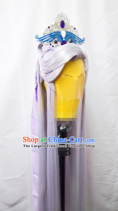 Handmade China Cosplay Taoist Priest Lilac Wigs and Hair Crown Traditional Puppet Show Murong Ning Hairpieces Ancient Swordsman Headdress