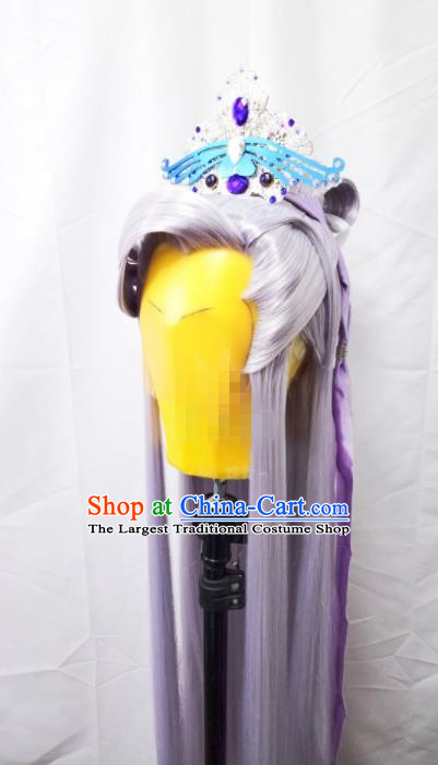 Handmade China Cosplay Taoist Priest Lilac Wigs and Hair Crown Traditional Puppet Show Murong Ning Hairpieces Ancient Swordsman Headdress
